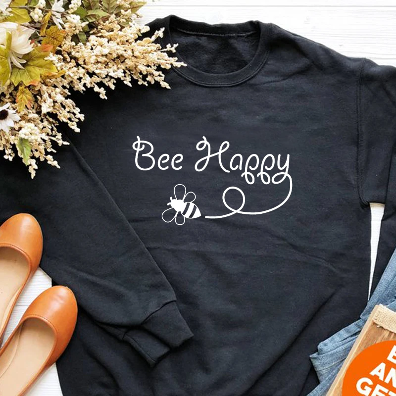 

90S Bee Happy Full Long Sleeve Girl Top Shirts Fashion Crewneck Female Plus Size Pullover Cotton Women Sweatshirt Drop Ship