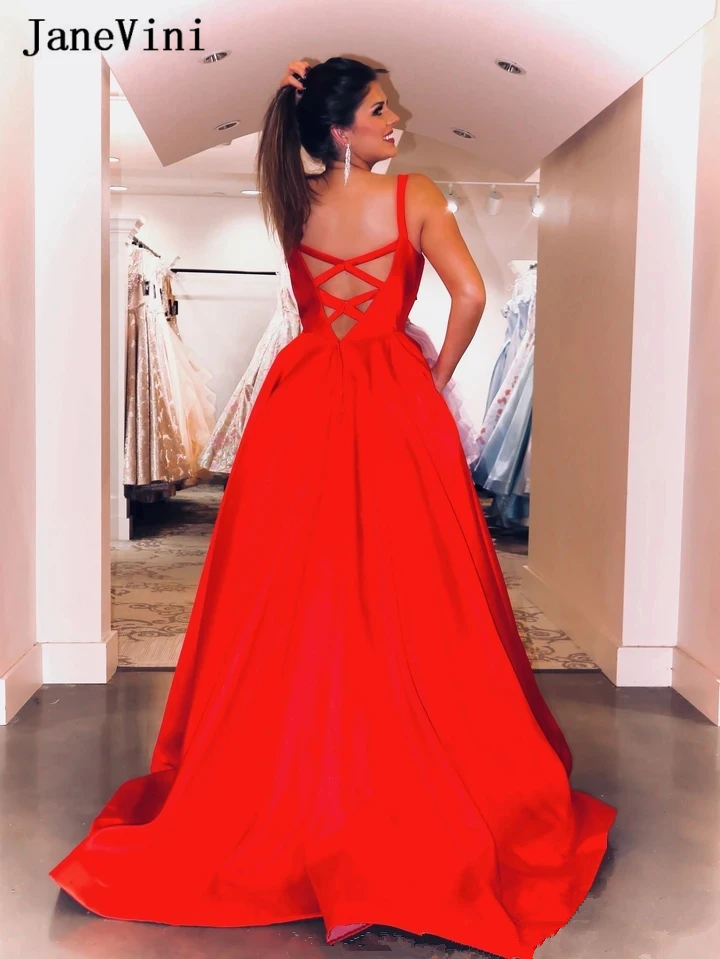 JaneVini Elegante Rote Lange Prom Kleider 2020 V Neck EINE Linie Backless Bodenlangen Formale Partei Satin Kleid Plus Größe avond Jurken