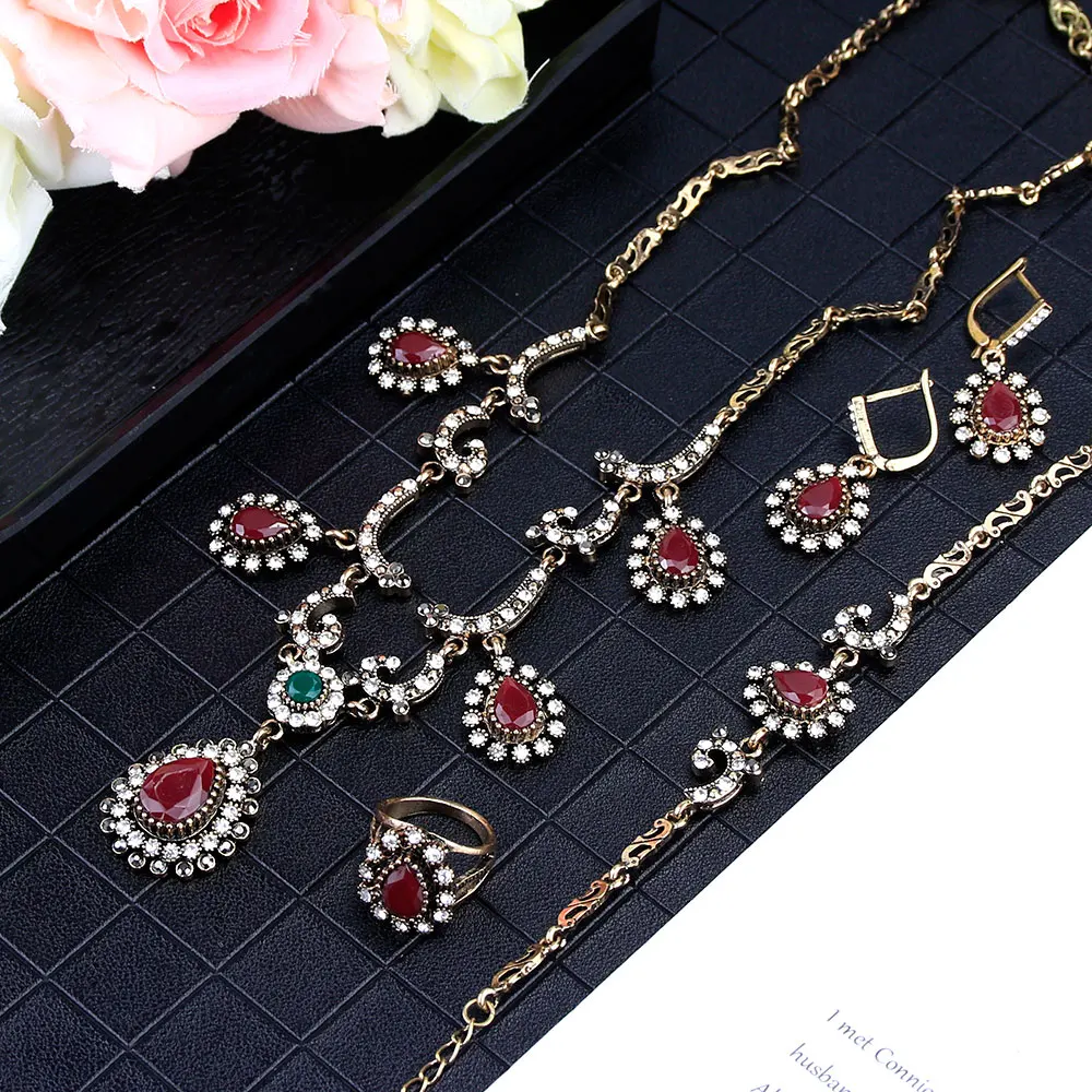 Sunspicems Bohemia Wedding Jewelry Sets for Women 4PCS Antique Gold Color Earring Bracelet Ring Necklace Full Crystal Bride Gift