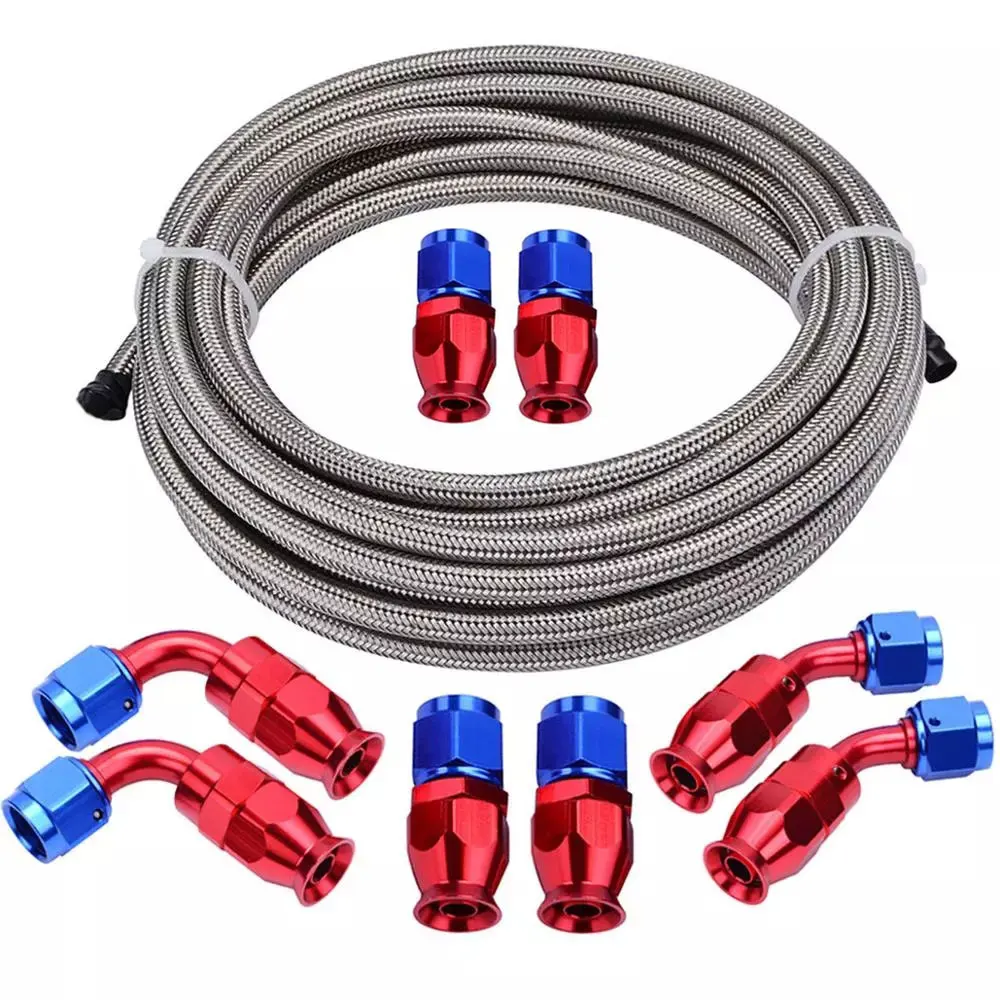 5M AN10 10AN PTFE E85 Hose Braided Fuel Injection Line Fitting Kit 0/45/90/180degree Stainless Steel Silver (Hose ID: 0.51inch)