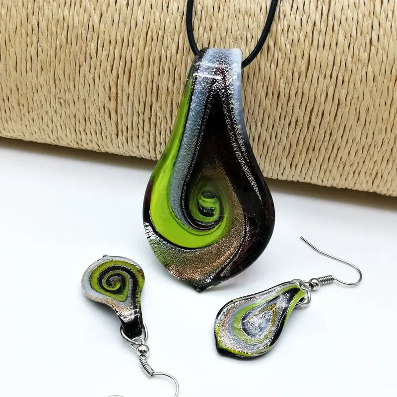 6 Sets Different Color Whirlwind Pattern Ribbons Glass Murano Leaf Pendant Necklace Earrings Chinese Style Colored Glaze Jewely