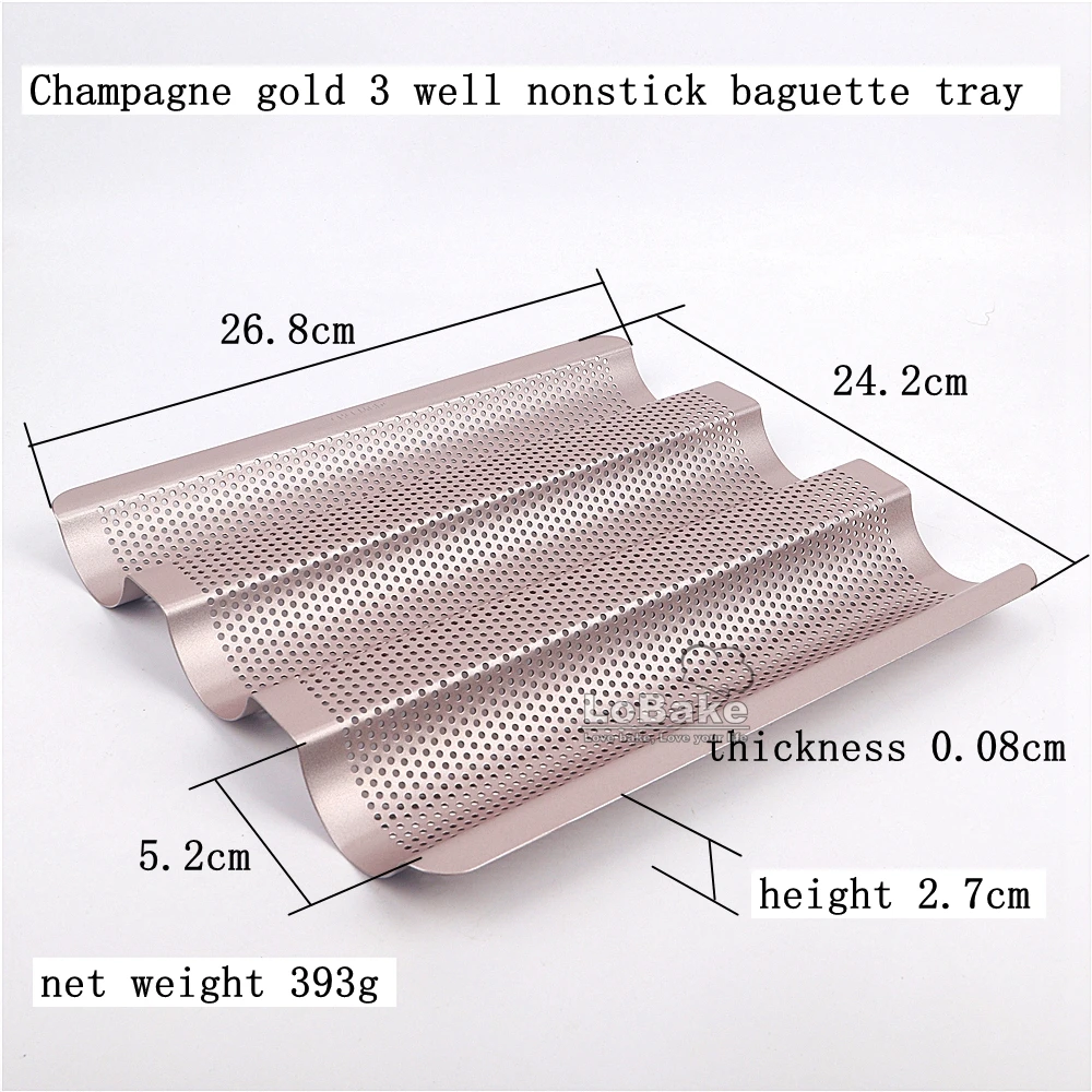 Small 3 well champagne gold colour non-stick coating perforated baguette tray pan french bread cake moldes for baking equipment