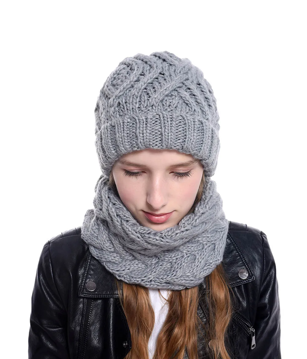 Sombrero y bufanda Multicolor para mujer, conjunto de gorro y bufanda de acrílico sólido para exteriores, de punto cálido, accesorios de invierno