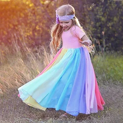 2021 New Baby Girl Cotton Fashion Rainbow Short Sleeve Color Block Colorful Party Dresses for Kids Princess Kids Dress 1-7years