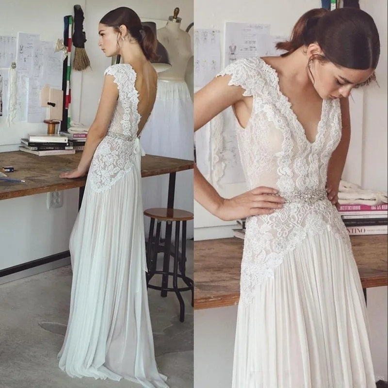 Robe De mariée en dentelle style Boho, Sexy, col en V, dos nu, manches courtes, mousseline De soie, ceinture, 2019