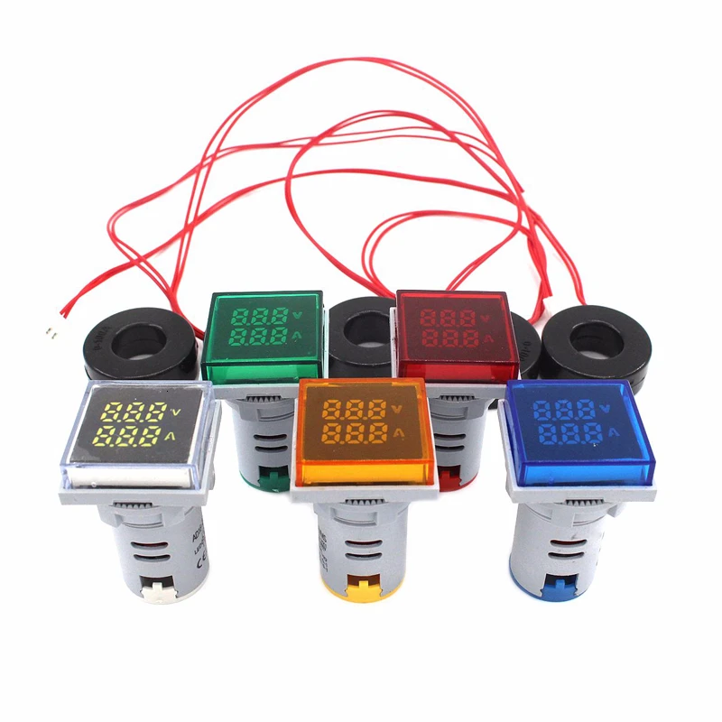 Medidor de corriente y voltaje de amperios, voltímetro Digital de doble pantalla, LED cuadrado, ca, indicador de señal, luces de advertencia,