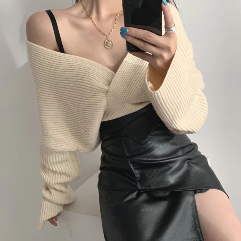 

YAMDI women solid sweater female woman autumn winter 2020 new arrival runway jumper v neck slim elegant chi c thick knitted pul