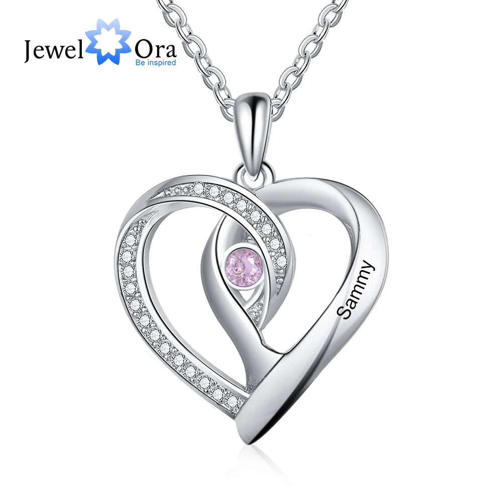 JewelOra Personalized Necklaces Heart Pendant Cublic Zircone Jewelry Customized Birthstone Engraved Name Charm Gift for Women