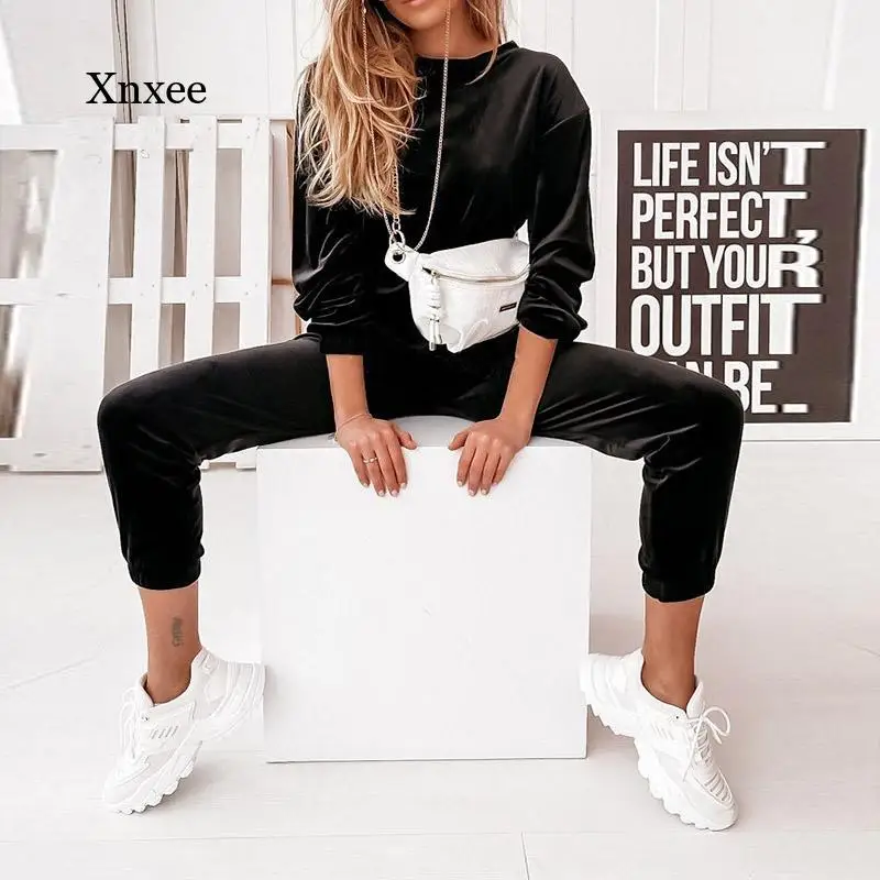 Autumn Solid Color Round Neck Women's Two-Piece Suit Casual Sweater High Waist Pants Sports Suit Women Streetwear Suit