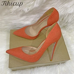 Tikicup Women Denim Pointy Toe High Heel Shoes 8cm 10cm 12cm Elegant Ladies D'Orsay Stiletto Pumps Plain Orange Blue Size 33-45