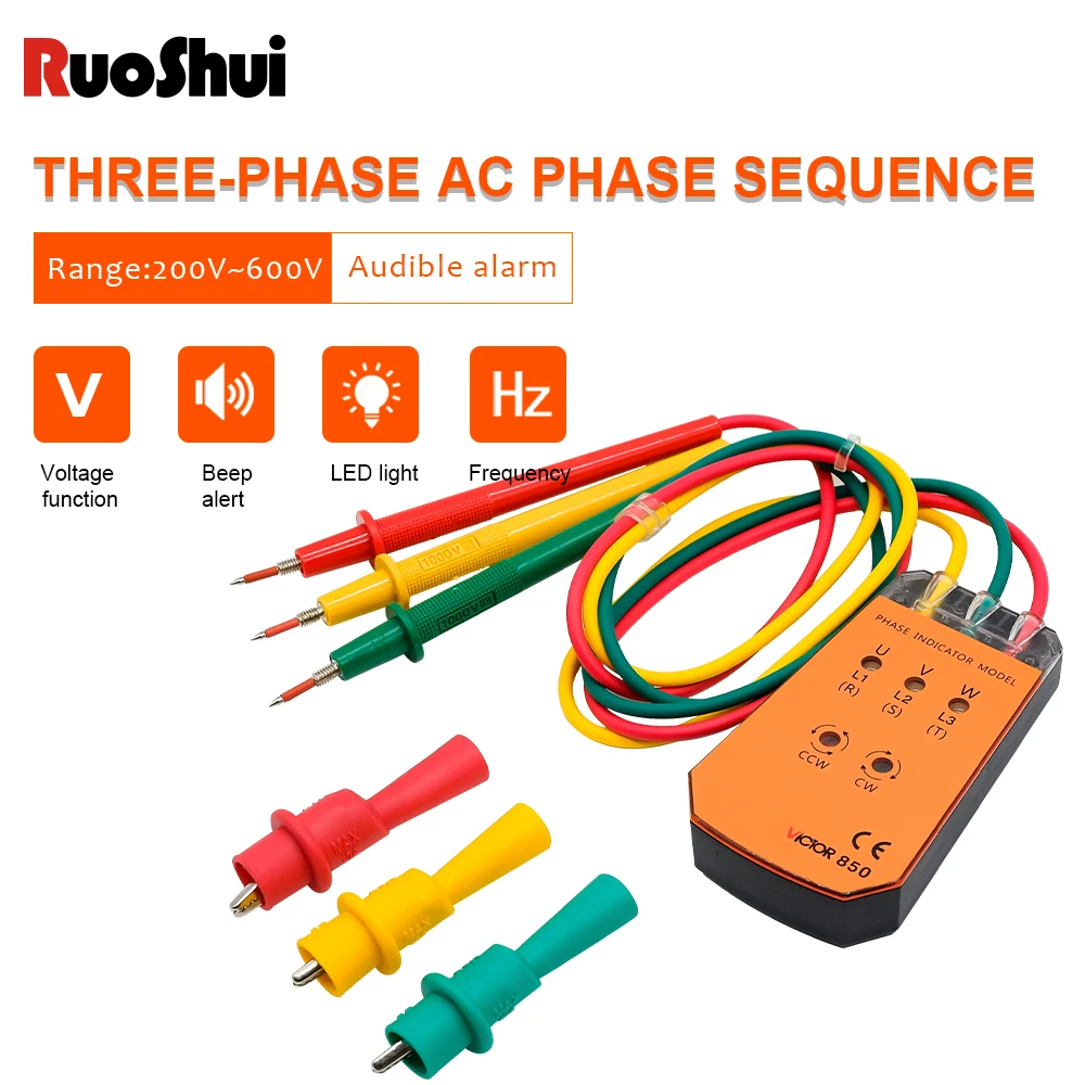 RuoShui 850 Three Phase Indicator Cable Tracker Rotation Phase Sequence Tester With LED Light Indicator 200V- 600V Voltage Meter