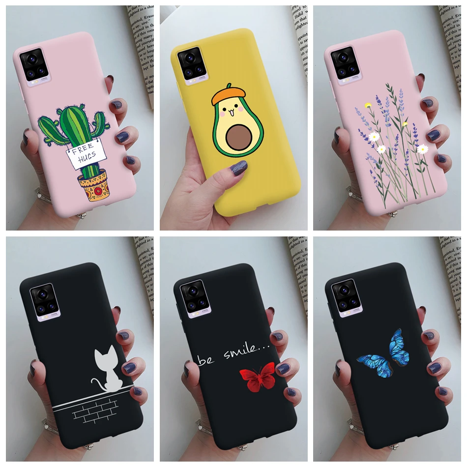 For Coque Vivo V20 Matte Silicon Case Cartoon Animals Cute Cat Pets Cactus Phone Back Cover For Vivo V20 V2025 V 20 VivoV20 Case