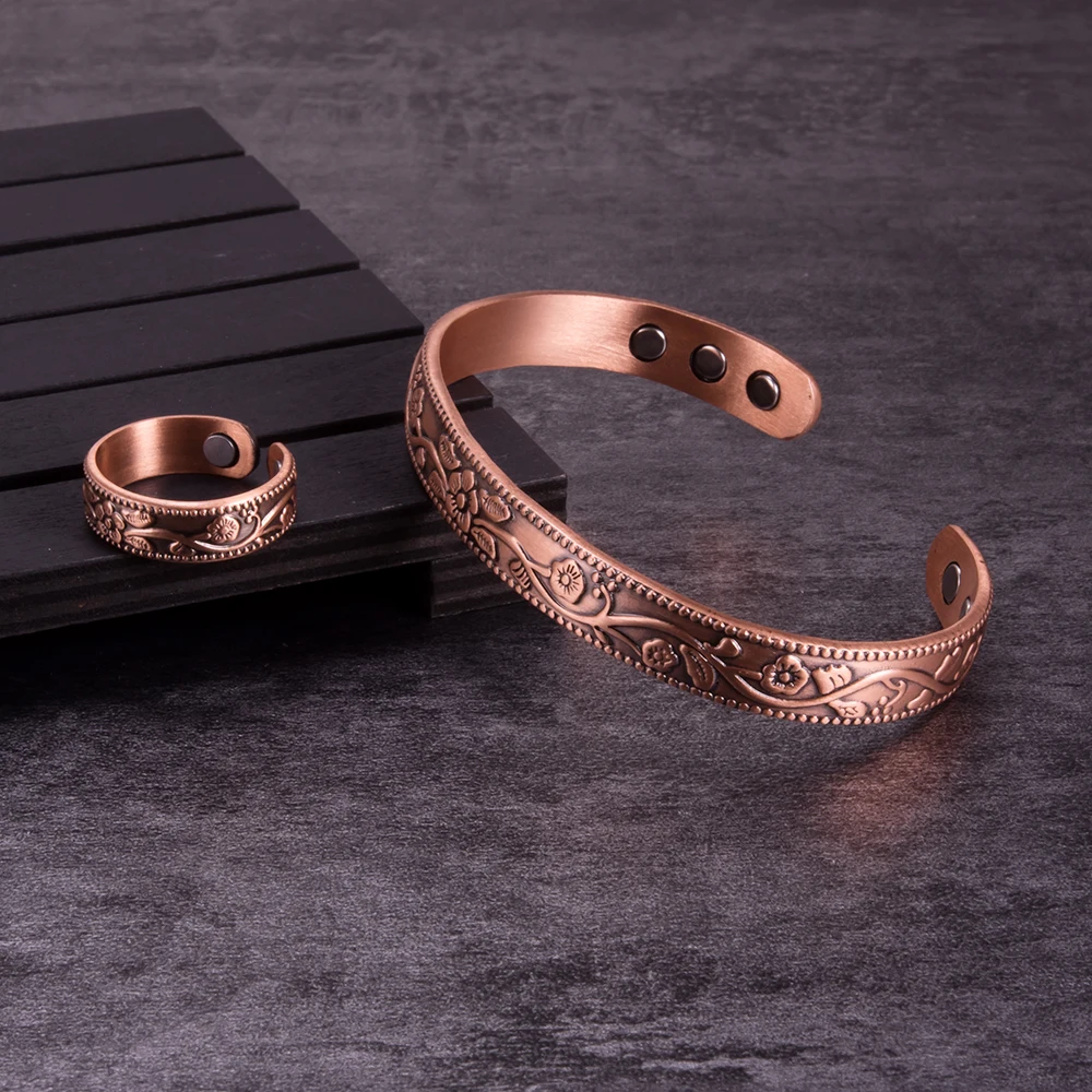 Jewelry-Set Magnetic Pure Copper Bracelet Ring Adjustable Vintage Flower Health Energy Bracelet Ring Arthritis Set for Women Men