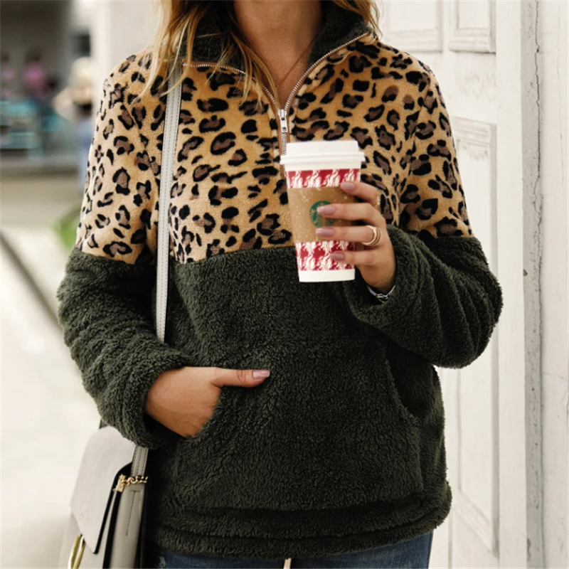 Womens Sweaters 2019 Winter Leopard Patchwork Fleece Sweater Fluffy Thick Sweaters Warm Zipper Pullovers Femela Coat Sherpa Tops