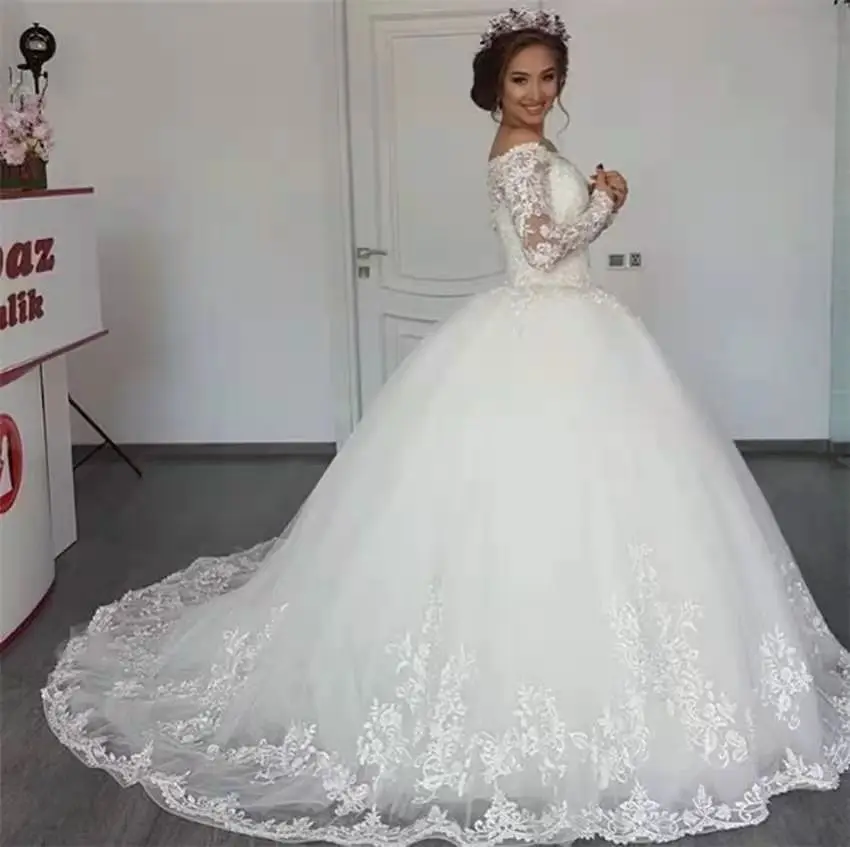 

MYYBLE Vestido de Noiva Luxury Lace Appliques Ball Gown Wedding Dress 2021 Cheap Long Sleeves Robe De Mariage Custom Made