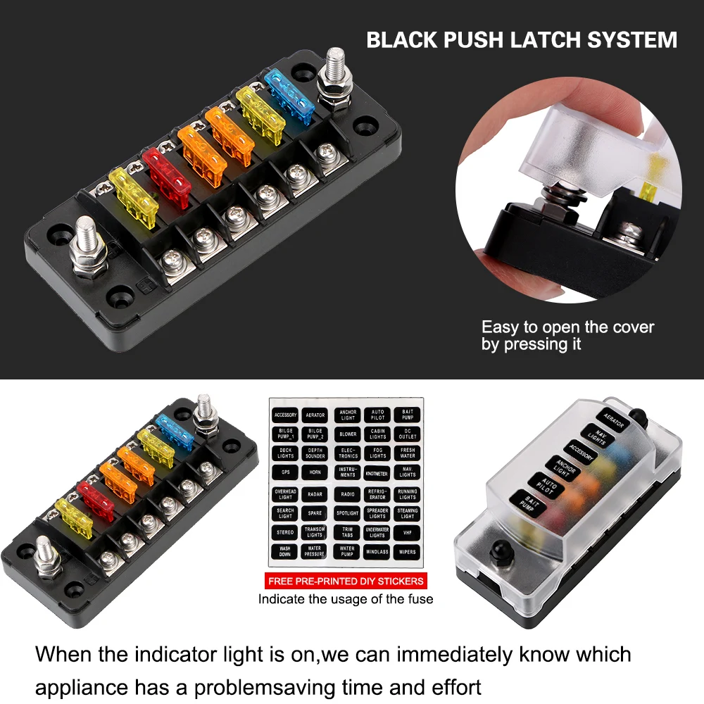 32V 75A Fuse Box Holder Flame Retardant 6 Ways 12 Ways Blade Fuse Block With Cover Accessories For Car Marine Boat Truck Trailer