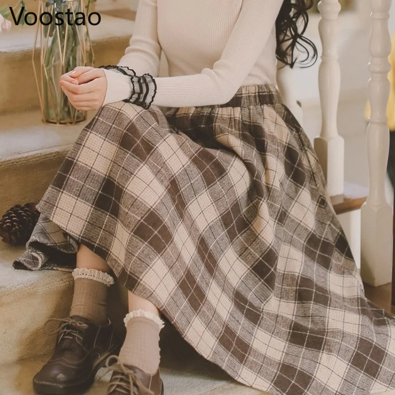 Autumn Winter Woolen Plaid Vintage Skirt Women Japanese Style Chic Patchwork Elegant Midi Skirt Female Y2k Korean Fashion Skirts