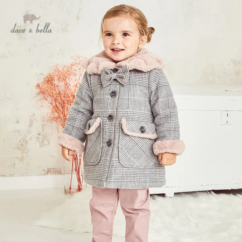 DB14567 dave bella winter baby girls fashion removable bow plaid padded coat children tops infant toddler outerwear