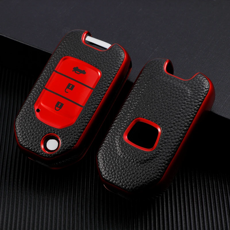 TPU Leather Car Flip Key Case Protective Cover Shell Keychain for Honda Civic CR-V HR-V Agreement Jade Crider Odyssey 2015-2018