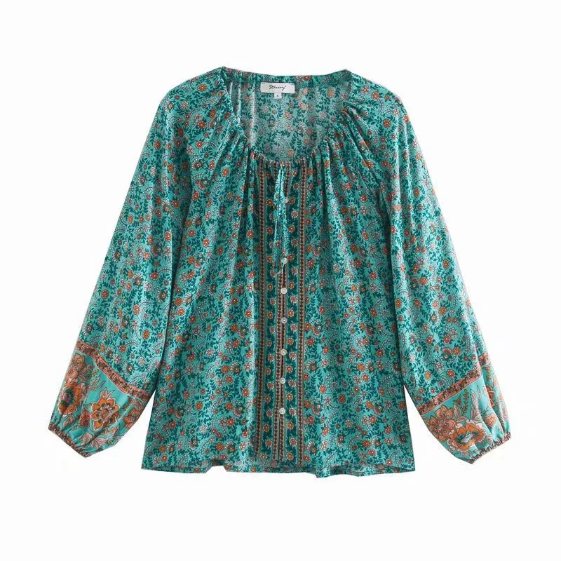 Bohemian Lacing up Adjust O neck Floral Print Long Sleeve Shirt BOHO Holiday Women Single-Breasted Button Blouse Causal Tops