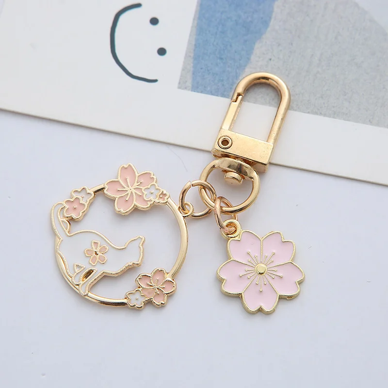 Cute Round Rabbit Cat Metal Keychain Lovely Pink Sakura Car Bag Keyring Girl Boy Couple Jewelry Lanyard Headset Pendant