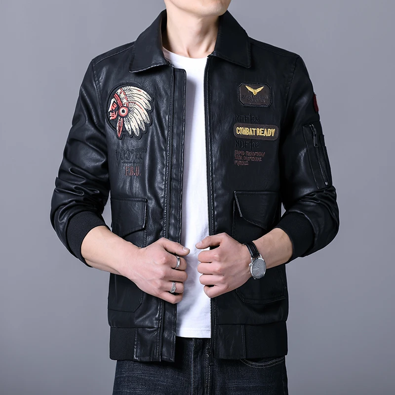 Indian Embroidered Leather Jacket for Male Korean Version of the Trendy Brand Air Force Pilot PU Motorcycle Quality Coat On Sale