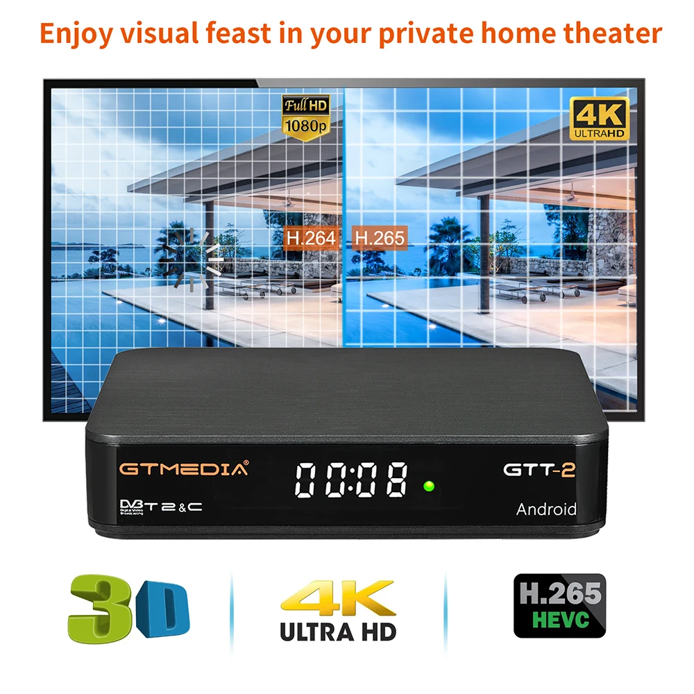 Gtmedia-receptor satélite GTT2, decodificador con Android 6,0, DVB-T2/cable/ISDBT, Amlogic S905D, 2 + 8GB, H.265, WIFI integrado, 2,4G