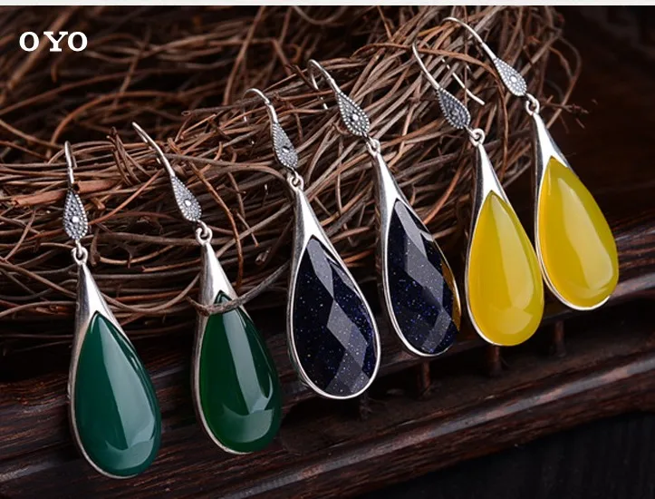 

S925 sterling silver earrings inlaid with yellow green chalcedony blue sandstone national wind long drop ear ear jewelry new