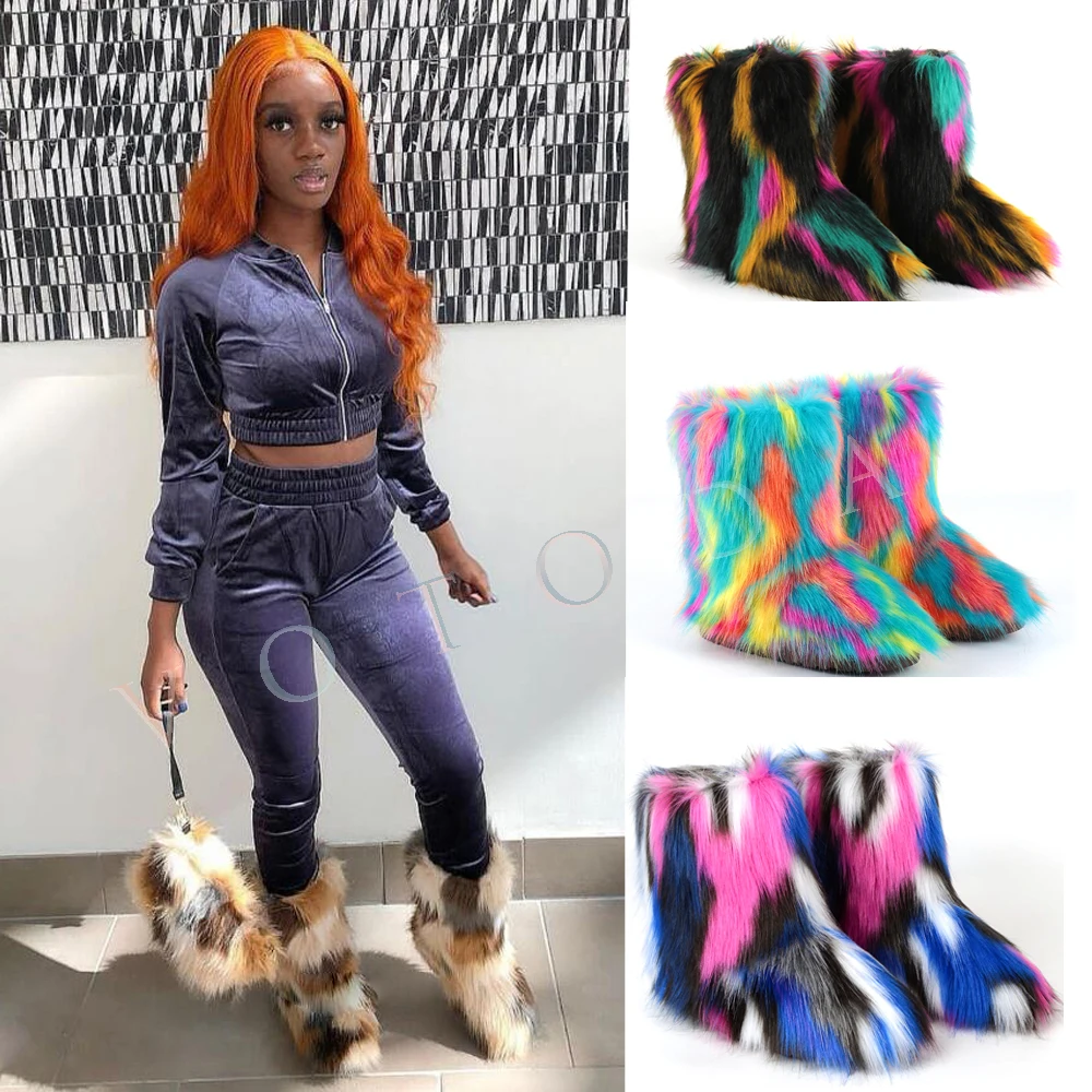 Neue Winter Frauen Pelz Stiefel Frau Flauschigen Pelzigen Faux Pelz Schnee Stiefel Weibliche Plüsch Außerhalb Flache Schuh Damen Warme Slip auf Stiefeletten