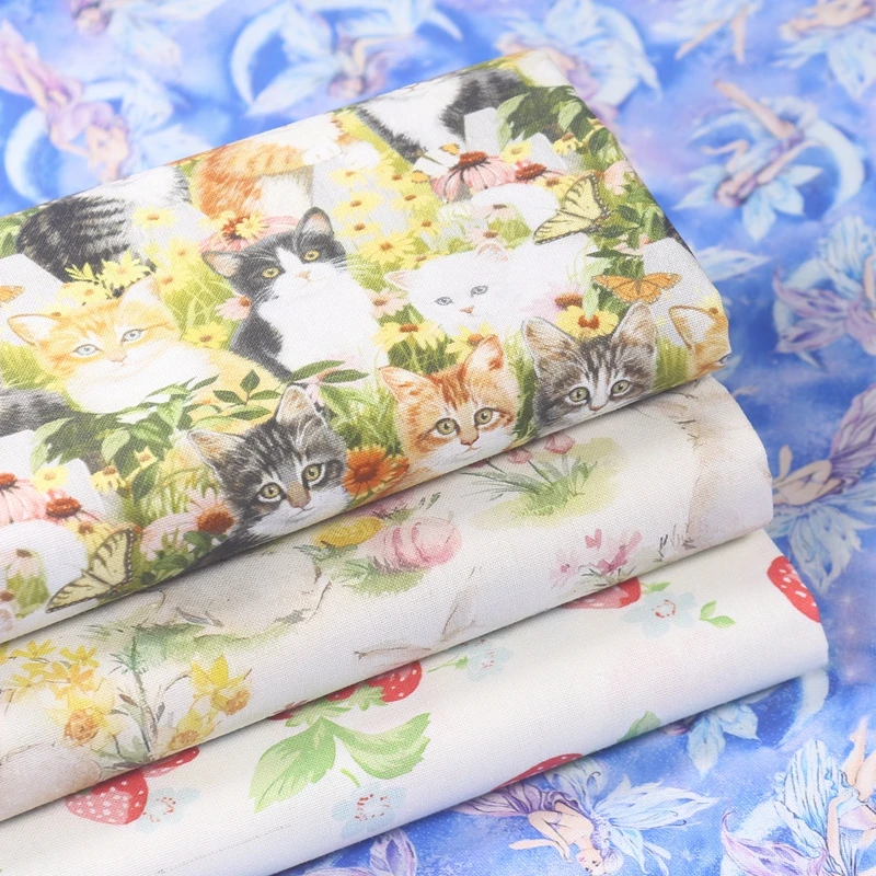 Idyllic strawberry cat rabbit fairy Cotton Fabric for Clothes Home Textile Slipcover Sewing Quilting DIY Needlework Material