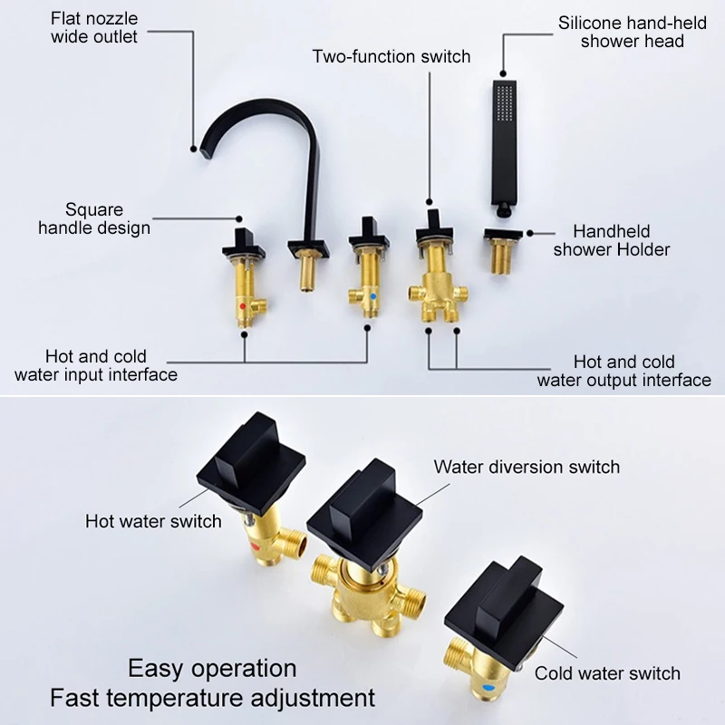 Imagem -05 - Ellen-square Bathtub Faucets Mixer para Banheira Guindaste de Água Quente e Fria com Chuveiro de Mão Acabamento Cromado El7911b Furos