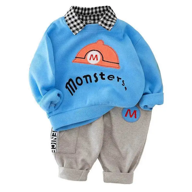 

Children's suit spring and autumn boys Korean cartoon lapel plaid long-sleeved sweater + casual trousers two-piece hot