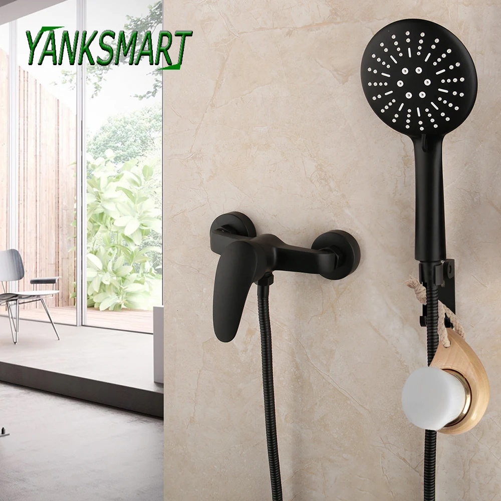 

YANKSMART Blacked Rainfall Shower Bathroom Faucet Set Matte Black Round Head Shower Wall Mounted Hot And Cold Water Mixer Tap