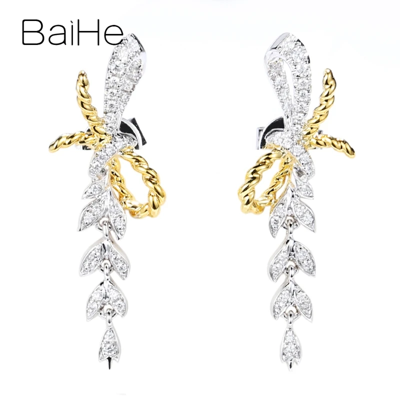 

BAIHE Solid 14K Yellow White Gold H/SI Natural Diamond Bowknot Stud Earrings Women Wedding Trendy Fine Jewelry Aretes con lazo