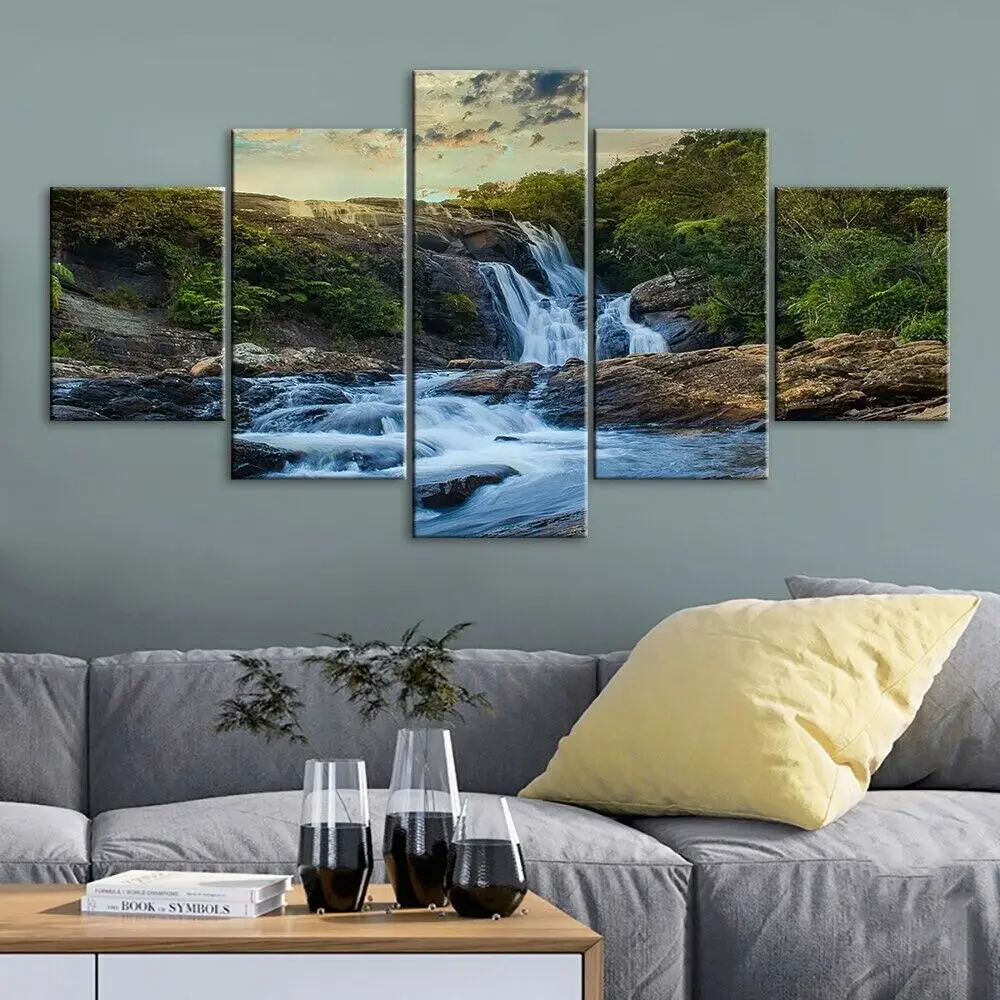 

5 Piece Canvas Beautiful Nature Waterfall Poster Wall Art Print Home Decor HD Pictures 5 Panel Poster No Framed Paintings