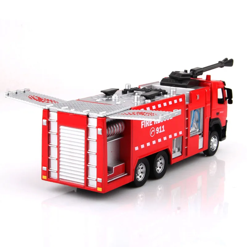 1:50 Scale Volvo Ladder Fire Engine Truck Toy Car Diecast Vehicle Model Pull Back Sound & Light Educational Collection Gift Kid