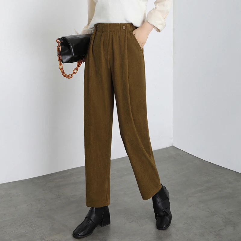 REALEFT Autumn Winter Casual Loose Women's Wide Leg Corduroy Pants 2021 New Vintage High Waist Button Solid Trousers Female Pant