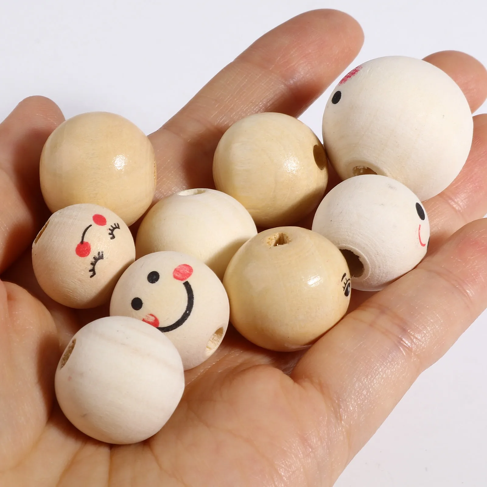 20-50PCs  Wood Spacer Beads Round Ball Beige Smile Pattern Loose Spacer Beads DIY Maing Necklace Bracelets Jewelry 18 19 20 25mm