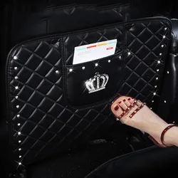 Leather Crown Car Seat Back Anti Click Protector With Pockets Rhinestones Diamond Anti Kick Mat Pad Back Protector For Women