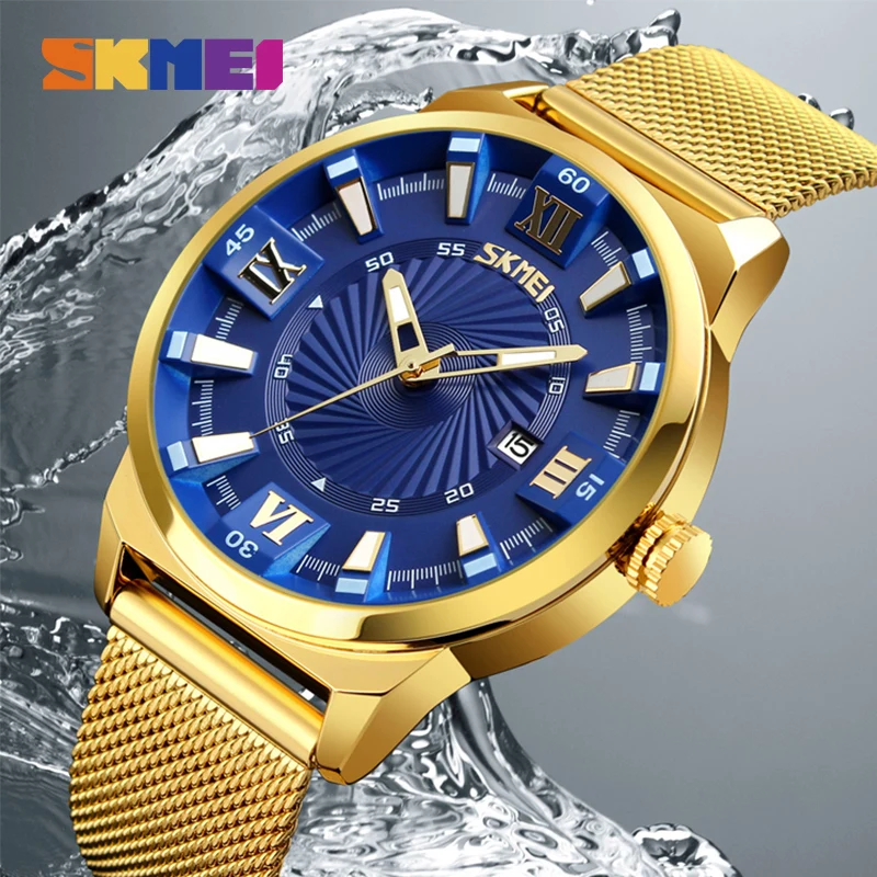 SKMEI Brand Business Mens Watches Luxury Golden Steel Mesh Band Quartz Wristwatches Original 9166 relogio masculino