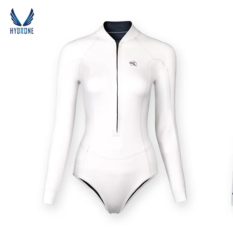 SaveOcean White Spring Suit Women‘s Freediving Wetsuit 2mm Neoprene Long Sleeve Front Zipper Bikini Bodysuit Surf Suit Swimwear