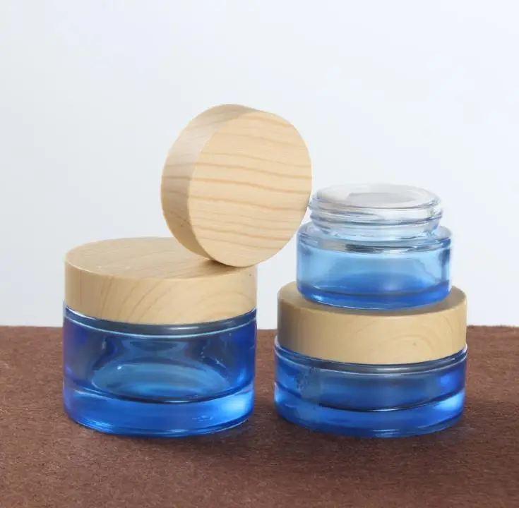 50g/50ml Blue colour Frosted empty cosmetic cream jar bottle cream bottle cap/Wood cap/cosmetics Bottle glass 100pcs/lot SN515