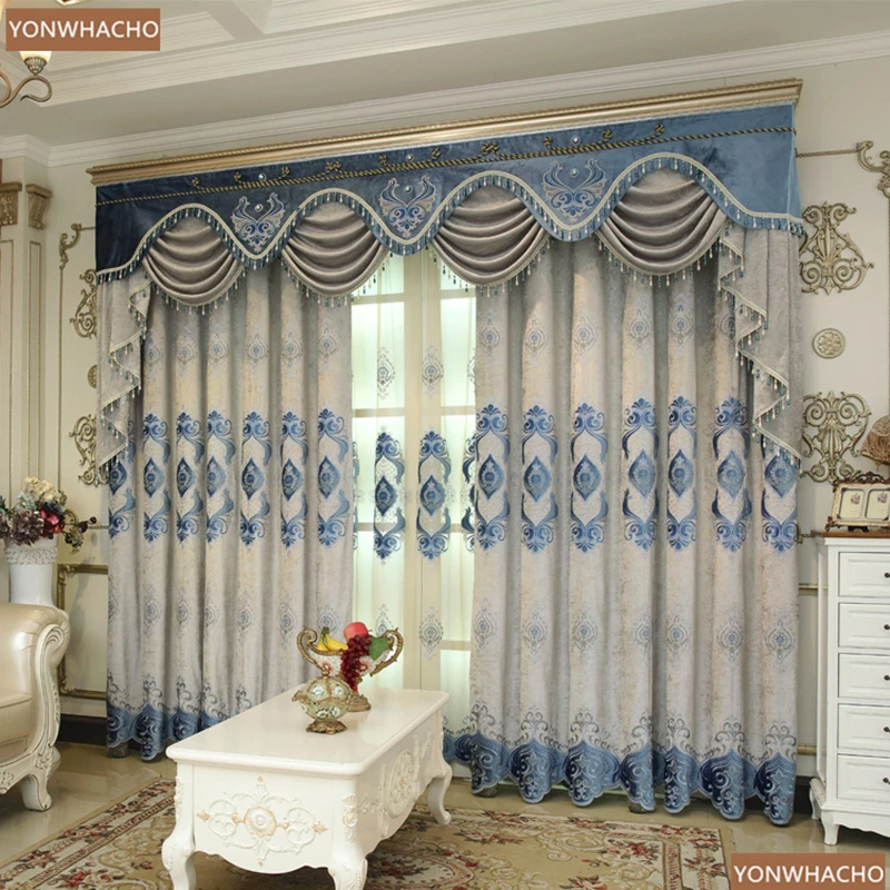 

Custom curtains villa blue Chenille European embroidered floor-to-ceiling window cloth blackout curtain tulle valance drape B823