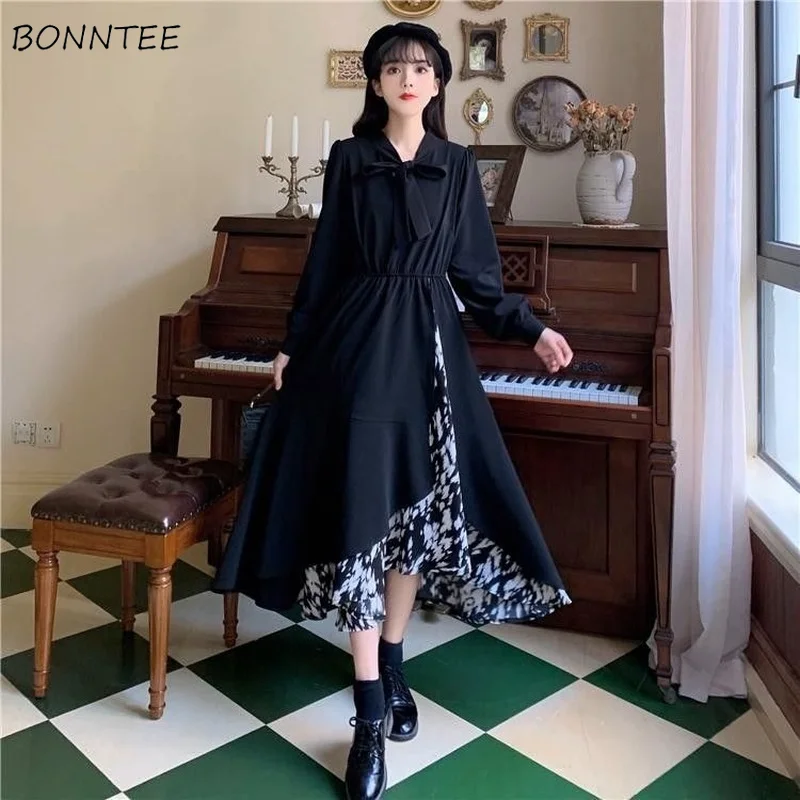 Dress Women Vintage Mid-calf Black Patchwork Trendy Elegant Long Lantern Sleeve Bow Collar Spring Autumn Abdomen Fairy Retro Ins