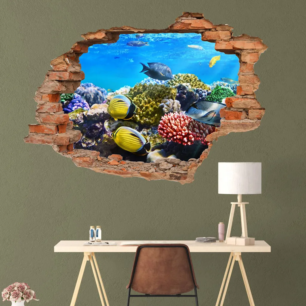 KAKUDER Beach Ocean Simulation broken wall 3D stereo wall stickers Waterproof Arts Vinyl Decal Wall Mural adesivo de parede 2021