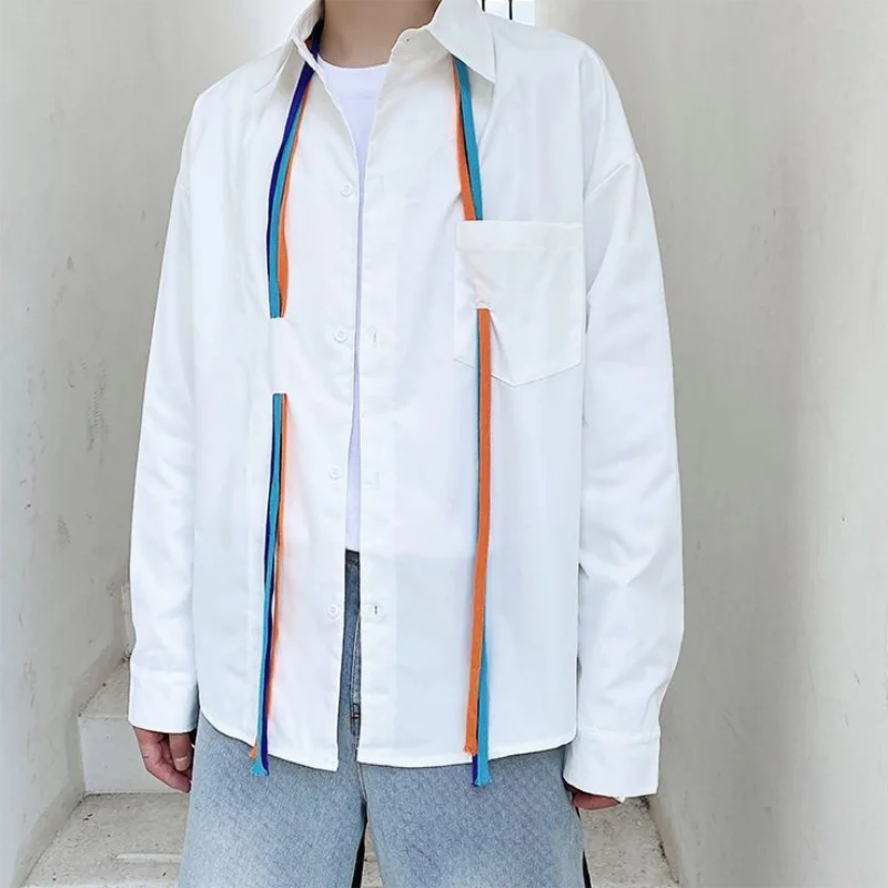 

Men's Long-Sleeve Shirt Spring And Autumn Style Yamamoto Style Personality Ribbon Decoration Casual Versatile Large Size Shirt