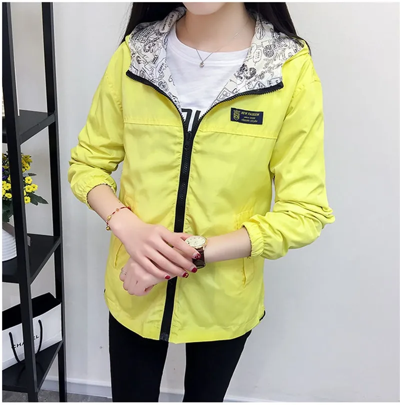 2025 Spring Hot Sale Women Basic Jacket Coat Two Side Wear Print Pocket Zipper Hooded Jackets Windbreaker Outwear Female Tops