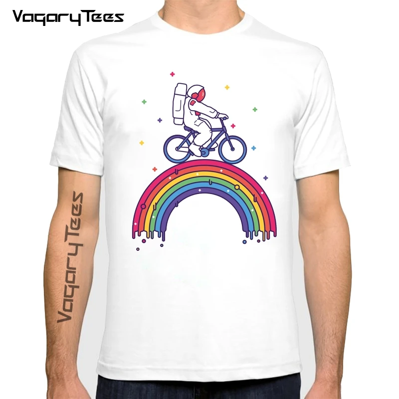 

Astronaut riding the bicycle on the Rainbow t shirt Men Creative Design Summer Tshirt Casual Streetwear Funny Men white T shirts