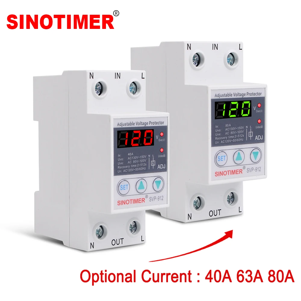 Household 40A 63A 80A Adjustable Surge Protector Over Under Voltage Protector Relay 110V 120V Automatic Transfer Switch