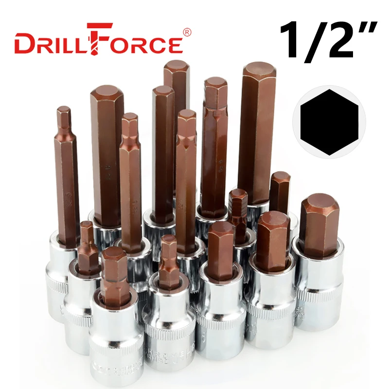 

Drillforce 1/2" Drive Hexagon Socket Bit S2 Adapter Allen Key Wrench Home Repair Tools H4/H5/H6/H7/H8/H9/H10/H12/H14/H17/H19